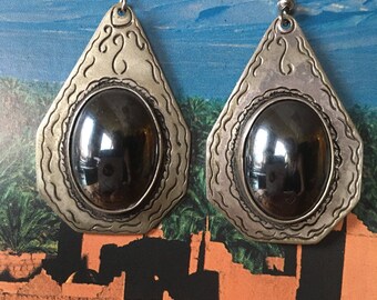 Old SILVER Berber Earrings with Magnetite Cabochon, South Morocco
