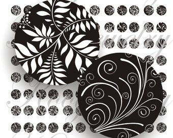 Black and white Swirls digital collage sheet 1 inch circles