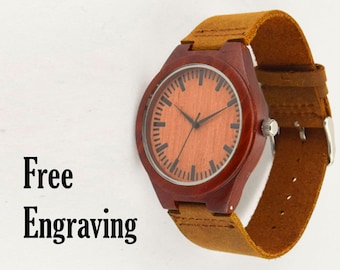 Engraved Watch, Wood Watch, Engraved Wood Watch, Wooden Watch, Red Wood and Brown Leather Strap, Customized, Personalized Gift