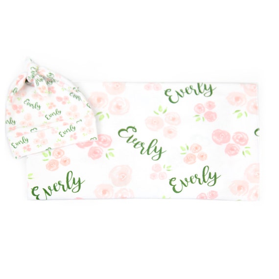 Personalized Swaddle Blanket and Hat / Headband Set English