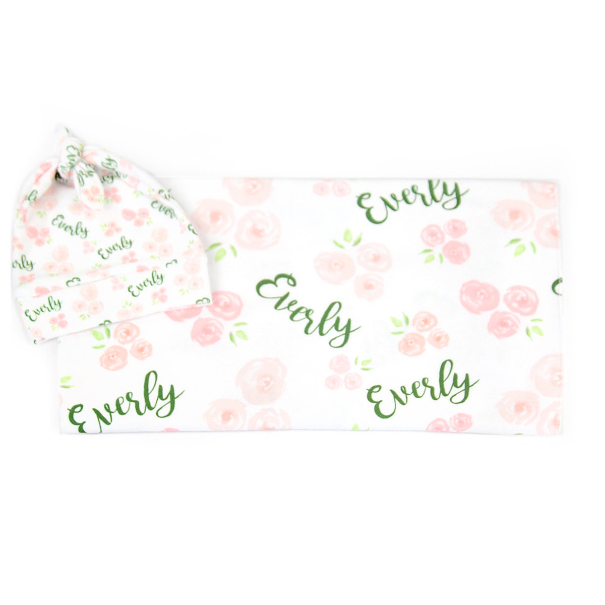 Personalized Swaddle Blanket and Hat / Headband Set English