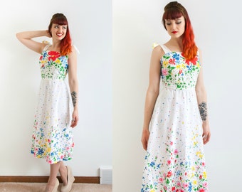 1970s white cotton sundress with colorful floral print & tie straps