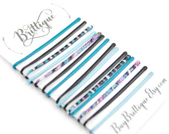 Decorative bobby pins, teal colored bobby pins, colorful painted bobby pins, decorative hair pins, black and blue bobby pins, sky blue