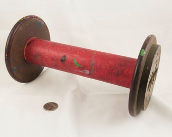 Vintage wooden textile Bobbin Textile spool Red paint Candle holder Ribbon and string storage Interior design knick knack Akron spool 73