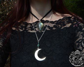 Crescent moon pendant, silver moon necklace, semi precious witch jewelry, lunar amulet, strega, witchy moon phase jewelry, wicca necklace