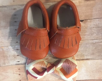 Orange and Rust leather moccasins and bow tie