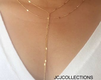 Gold Double Strand Y Necklace, Lariat Necklace, Boho Necklace