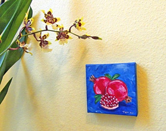 Pomegranates on a Mini Canvas, 4X4 Original Painting, Art for the Kitchen, Still Life, Jewish Artwork, Judaica Wall Art, Rimonim, Canvas Art