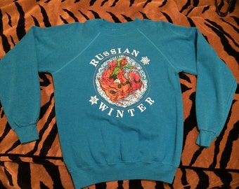 Vintage 1980s Russian Winter Tourist Russia Hanes Sz Medium 38-40 Tourqoise Blue Sweatshirt