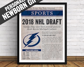 Tampa Bay Lightning | Custom Birth Announcement, Newborn Sports Section Page with Birth Stats | Art Print | Perfect Gift for Hockey Fans