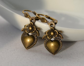 Victorian Heart Earrings Vintage Drop Earrings Leverback Earrings Small Drop Earrings Small Dangle Earrings Christmas Earrings Gifts for Her