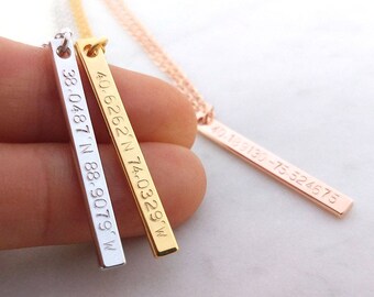 Custom Coordinates Necklace, Location GPS Coordinates, Latitude Longitude, Gold Silver Rose Gold Vertical Necklace Anniversary Gift