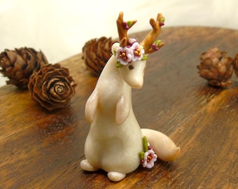 White Ferret Sakura Figurine Art - Fantasy Ferret Art - Cute Tiny Animal Totem Sculpture - Spring Animal Lover Gift - Polymer Clay