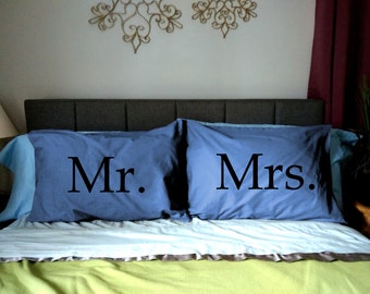 Mr. & Mrs. standard size pillowcases (100% Cotton) housewarming, engagement present, couple present, personalized bedding,  wedding present