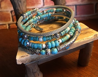 Turquoise and Silver Five Strand Memory Wire Bracelet