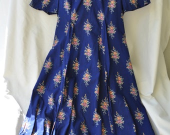 Vintage 70s80s Dress Floral Blue Belted ZipBack Size S