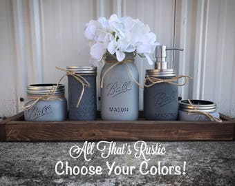 Mason Jar Bathroom Set with Tray,Mason Jar Bathroom Set,Rustic Home Decor,Mason Jar Decor,Bathroom Storage,Housewarming Gift,Bathroom Decor
