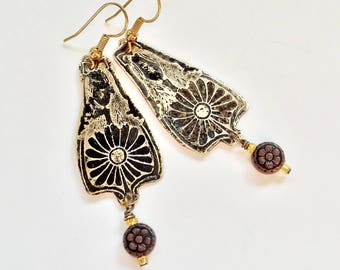 Etched Brass Earrings, Art Deco Flower Earrings with Copper Dangles - Free Domestic Shipping