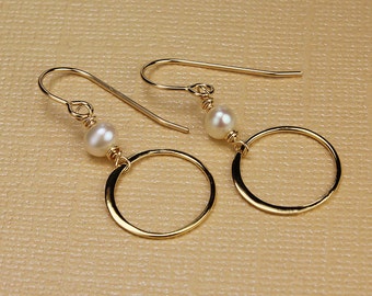 Freshwater pearl earrings real pearl earrings circle earrings gold circle earrings pearl dangle earrings pearl drop earrings white pearl