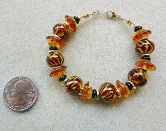 Tiger Stripe, Brown Lampwork Glass, Boro Glass, and Gold Fill Beaded Bracelet - Handmade - Large Wrist