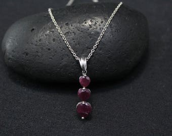 Sterling Silver Graduated Ruby Heart Necklace, Sterling Ruby Pendant, Ruby Heart Pendant, Ruby Heart Necklace, Sterling Silver Ruby Jewelry