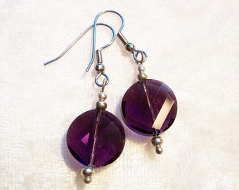 Purple Earrings, Purple Glass Earrings, Purple Glass Faceted Disc, Clip ons Available