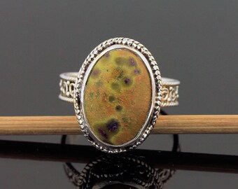 Rare Ocean Jasper Ring // 925 Sterling Silver // Ring Size 8.5 // Handmade Jewelry