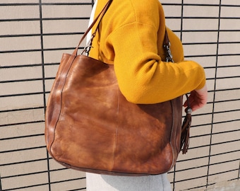 Leather Bag, Brown Leather Handbag, Woman Leather Bag, Leather Shoulder Bag, Handbag With Drawstring, Leather Tote Bag
