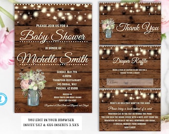 RUSTIC Baby Shower Invitation, Flower Baby Shower Invitation, Wood Baby Shower Invitation, Country Baby Shower, INSTANT DOWNLOAD, Template