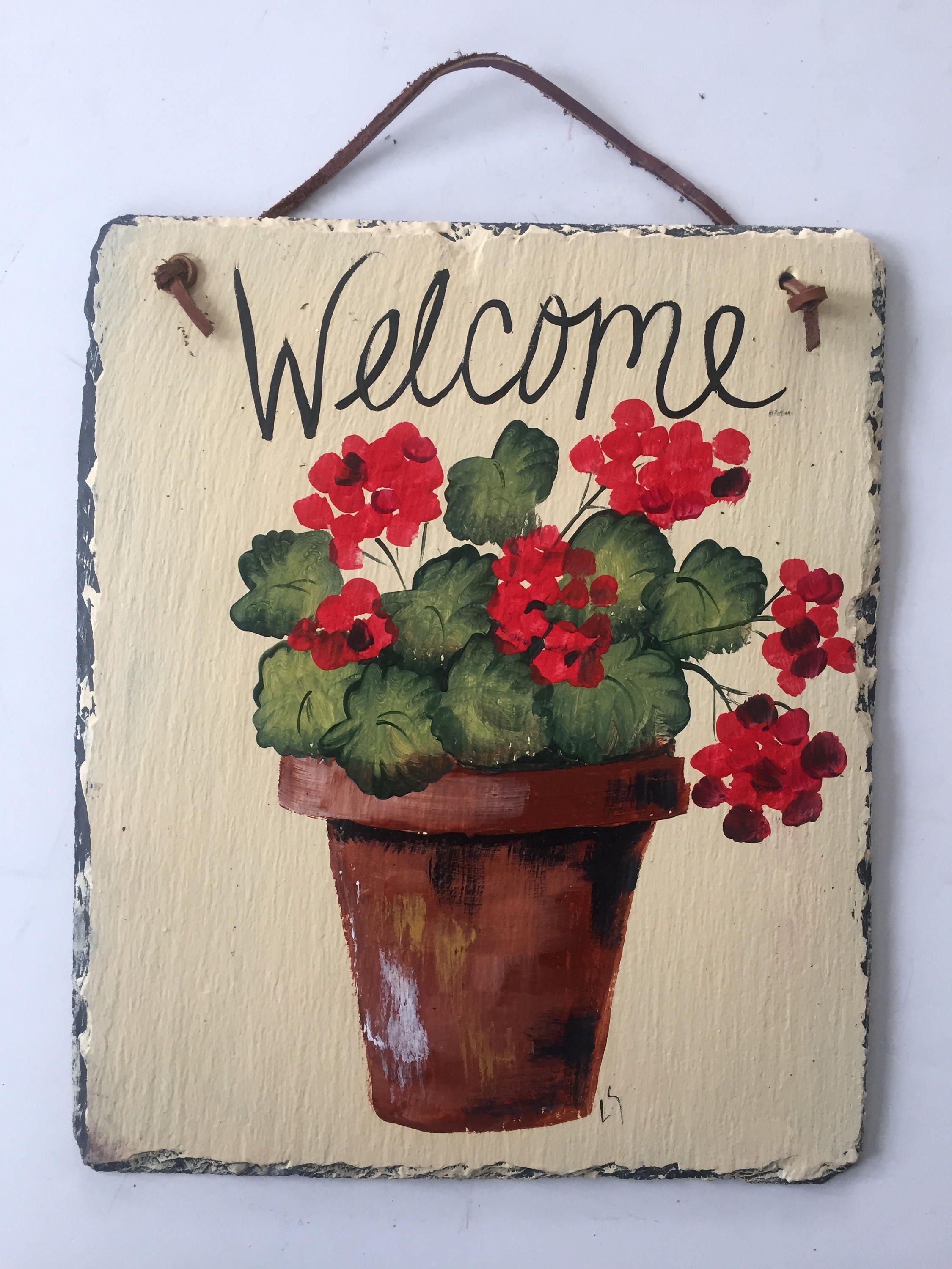 Painted Slate- Red geraniums Welcome sign , welcome plaque ...