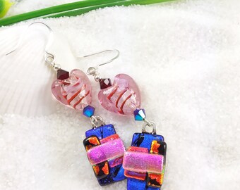 Valentines Day, Dichroic glass earrings, fused glass jewelry, glass fusion, Hana Sakura, heart earrings, romantic jewelry, fused dichroic