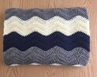 Dark Blue Chevron Baby Blanket/ Crochet Baby Blanket/ Baby Boy Blanket/Ripple Baby Blanket/ Blue Crochet Blanket/ Crochet Throw Blanket