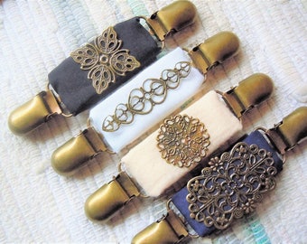 Bronze metal filigree on fabric dress clip, garment clip, shirt clip, jacket clip, vest clip, cinch for the back of the waist, steampunk