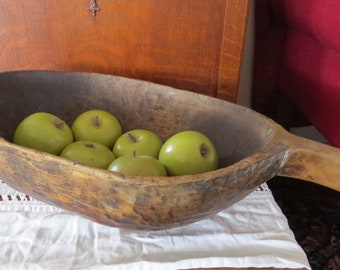 Antique Rustic Primitive European Oval Round Wood Handled Dough Bowl Bread Trencher Trough Handmade Hand Carved Carving