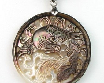Light coffee shell pendant, round shell phoenix pendant, 925 silver shell necklace, leather cord shell pendant jewelry, SH1295-BP