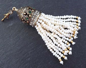 Large Long Ivory Freshwater Pearl Beaded Tassel with Hamsa Clear Crystal Accents - Antique Bronze - 1PC