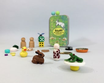Tiny toys in a tin for imagination play. New toys & vintage random stuff that kids love. Personalize it with child's name.