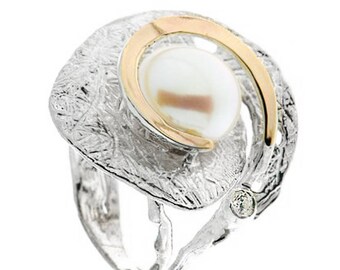 Silver and Gold ring, Pearl + Clear CZ / synth Blue Opal + Clear CZ Ring, Womens silver ring, Unique silver ring, handmade