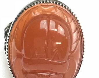 ON SALE Sterling Silver Carnelian Scarab Ring Filigree Band Egyptian Revival Carved Front and Back
