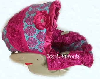 Custom Boutique Cierra Hot Pink and Turquoise Damask/Hot Pink 3D Roses Infant car seat cover 5 piece set