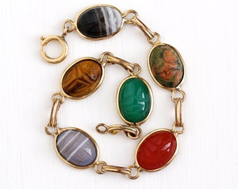 Vintage Scarab Bracelet - Retro 12k Rosy Yellow Gold Filled Carved Gem Panels - Retro 1950s Colorful Agate Beetle Egyptian Revival Jewelry