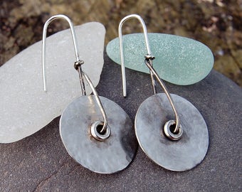 Textured Sterling Silver Dangling Earrings Drop Earrings Hammered Oxidised Silver Minimalist Earrings