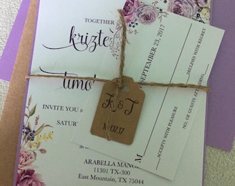 Boho Rustic Floral Wedding Invitation - 4 piece
