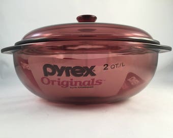 New/Vintage Cranberry Glass Pyrex Bowl with Lid, Oven and Microwave Safe, No Stove Top, 2 Quart #024