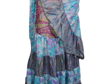 Ruffle Vintage Wrap Skirt Printed Upcycled Silk Sari Full Length Flare Blue Gypsy Long Skirts