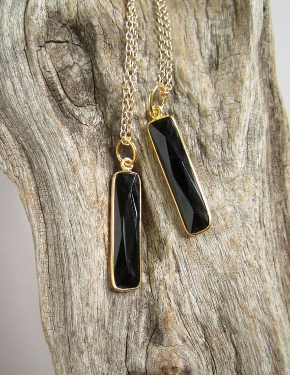 Black Onyx Bar Necklace Gemstone Pendant 14K Gold Fill