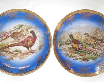 Pair of Vintage STW Bavaria Germany Pheasant Blue and Gold Charger Plates Royal Vienna