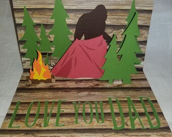 Bigfoot pop up Father's day card, sasquatch card, birthday card, camping, woods, custom, personalized