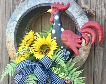Sunflower Rooster Wreath, Rooster Wreaths, Sunflower Wreaths, Sunflower Front Door Wreaths, Rooster Door Wreath, Wreaths, Everyday Wreaths
