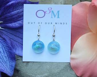 Monterey ~ Dichroic Circle Drop Earrings in Pale Turquoise with flashes of Aqua and Blue